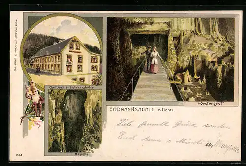 Lithographie Hasel, Gasthaus zur Erdmannshöhle, Pärchen in der Fürstengruft