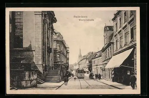 AK Paderborn, Westernstrasse mit Blick auf Kirchturm und Strassenbahn