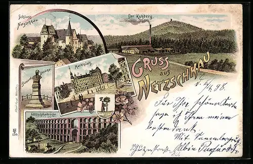 Lithographie Netzschkau, Schloss, Fabrik gegen Kuhberg, Göltzschthalbrücke