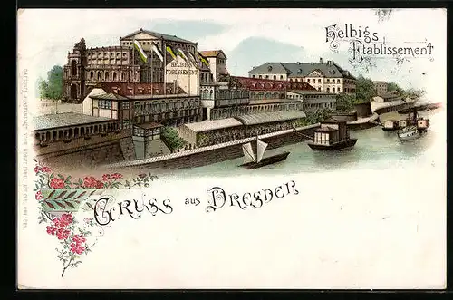 Lithographie Dresden, Gasthof Helbigs Etablissement an der Elbe