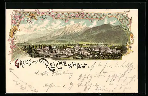 Lithographie Reichenhall, Panorama mit Landschaft