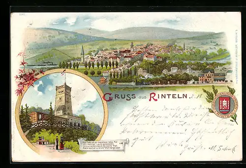 Lithographie Rinteln, Totalansicht mit Turm