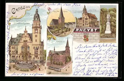 Lithographie Rheydt, Rathaus mit Hohenzollernbrunnen, Kirchen, Denkmäler