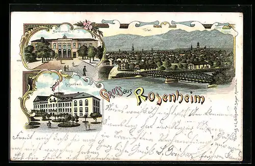Lithographie Rosenheim, Totalansicht, Bahnhof, Kaiserbad