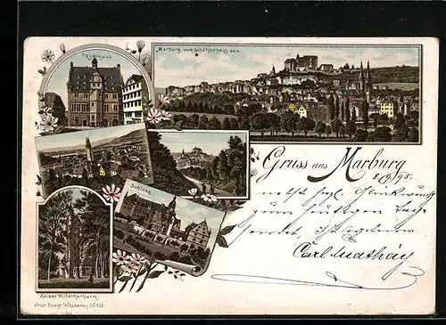 Vorläufer-Lithographie Marburg, 1895, vom Schützenhaus aus, Teilansicht, Schloss
