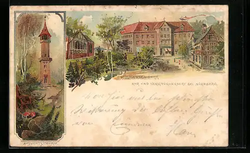 Lithographie Nürnberg, Gasthaus Schmausenburg mit Nebengbäuden und Aussichtsturm
