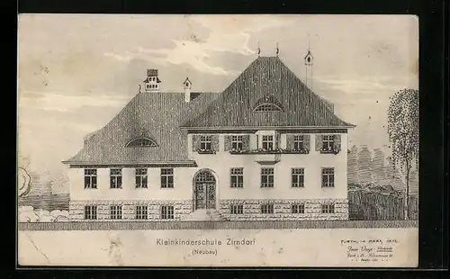 Künstler-AK Zirndorf, Neubau der Kleinkinderschule, Architekt Jean Voigt, rückseitig Stempel Blumentag Zirndorf 1912