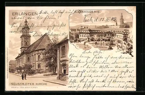 Lithographie Erlangen, Strassenpartie mit Neustaedter Kirche, Orangerie
