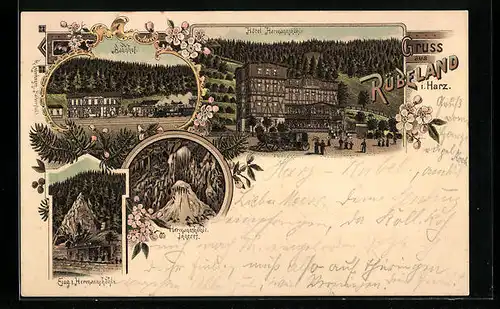 Lithographie Rübeland /Harz, Hotel Hermannshöhle, Bahnhof, Eingang zur Höhle