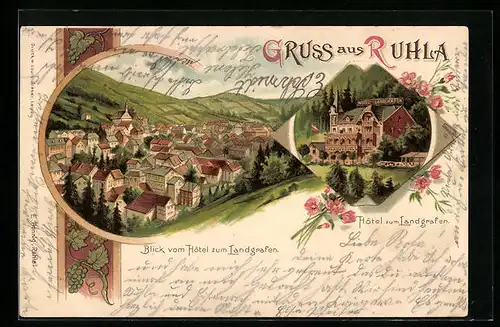 Lithographie Ruhla, Ortsansicht und Hotel zum Landgrafen
