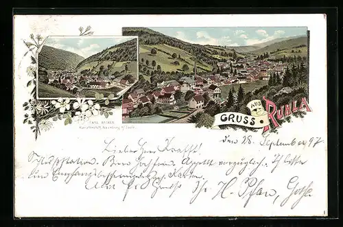 Lithographie Ruhla, Ortsansicht aus der Vogelschau, Ortsansicht mit Wehr