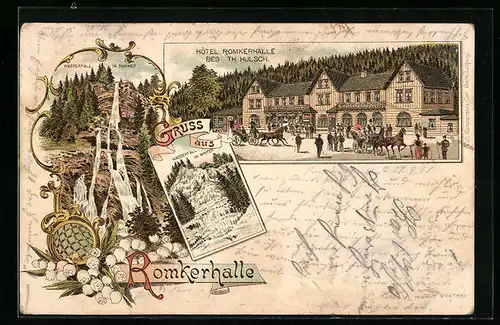 Lithographie Romkerhalle, Hotel Romkerhalle T. Hulsch, Wasserfall in Sommer und Winter