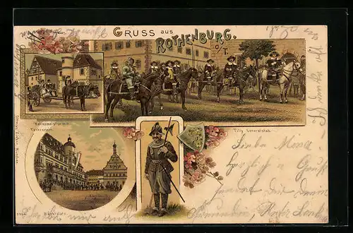 Lithographie Rothenburg o. T., Tilly Generalstab, Kellermeister mit Töchterlein, Ritter und Wappen