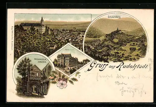 Lithographie Rudolstadt, Teilansicht aus der Vogelschau, Ortsansicht mit Schwarzburg und Umgebung