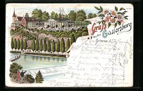 Lithographie Grimma, Gasthof Gattersburg, Gesamtansicht mit Anlagen