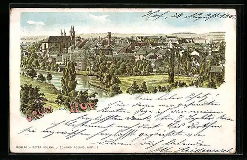 Lithographie Hof, Ortsansicht mit Flusspartie aus der Vogelschau