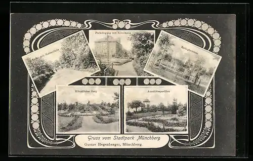 Passepartout-AK Münchberg, Stadtpark Müncheberg Gustav Hegenberger mit Schulhaus und künstlichem Berg