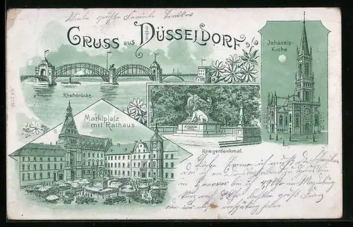 Lithographie Düsseldorf, Johannis-Kirche, Kriegerdenkmal, Rheinbrücke