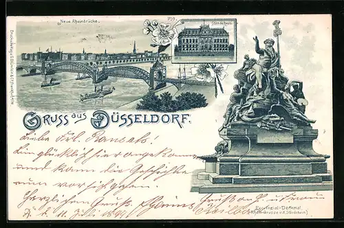 Lithographie Düsseldorf, Provinzial-Denkmal, Ständehaus, Neue Rheinbrücke