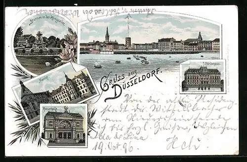 Lithographie Düsseldorf, Kunsthalle, Brunnen in der Königsallee, Markt, Ständehaus, Totalansicht