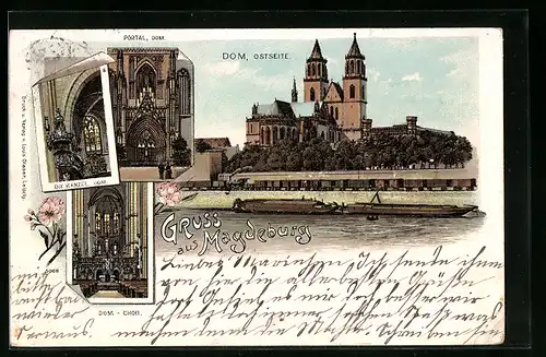 Lithographie Magdeburg, Ostseite vom Dom, Kanzel, Chor