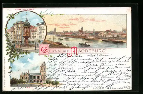 Lithographie Magdeburg, Kaiser Otto Denkmal, Dom, Panorama am Hafen