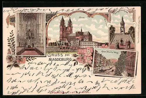 Lithographie Magdeburg, Dom, Dom Chor, Breite Weg, Kriegerdenkmal