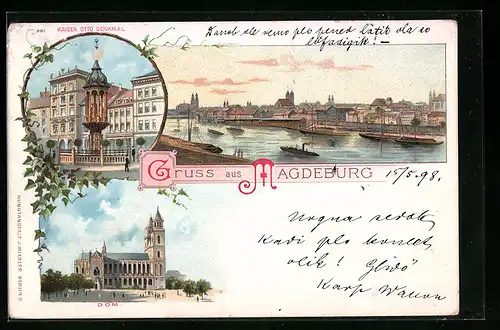 Lithographie Magdeburg, Kaiser Otto Denkmal, Dom, Panorama am Hafen