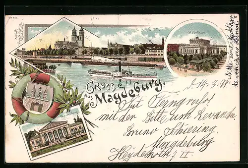 Lithographie Magdeburg, Gasthaus Herrenkrug, Stadttheater