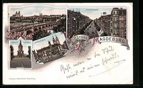 Lithographie Magdeburg, Kaiserstrasse, Alter Markt und Krieger-Denkmal