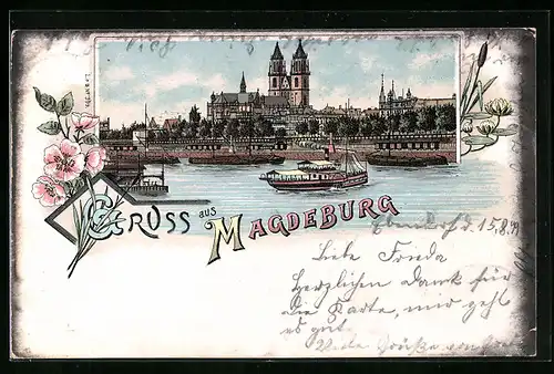Lithographie Magdeburg, Uferpartie mit Dampfer