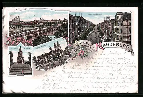 Lithographie Magdeburg, Kaiserstrasse, Brücke, Alter Markt