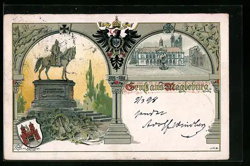 Lithographie Magdeburg, Kaiser Wilhelm-Denkmal, Reichsadler, Wappen