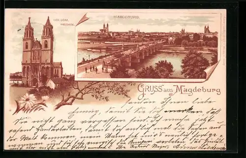 Lithographie Magdeburg, Westseite vom Dom und Brücke über der Elbe