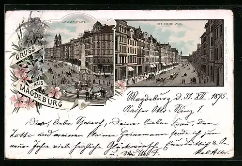 Vorläufer-Lithographie Magdeburg, Hasselbachplatz, Der Breite Weg 1895