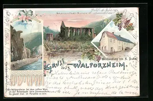 Lithographie Walporzheim, Marienthal Ruine, Bunte Kuh, Gasthaus St. Peter