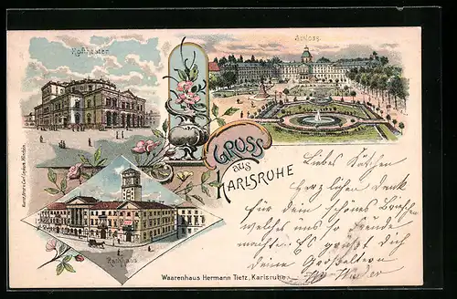 Lithographie Karlsruhe, Hoftheater, Rathhaus und Schloss