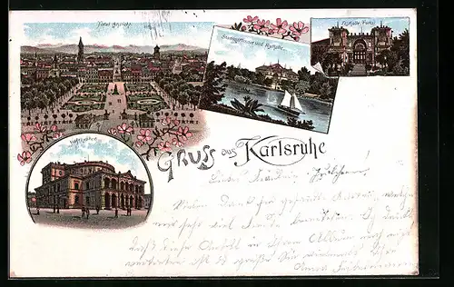 Lithographie Karlsruhe, Hoftheater, Stadtgartensee, Festhalle, Ortspanorama