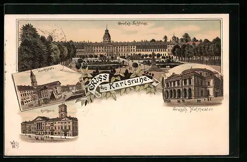 Lithographie Karlsruhe i. B., Marktplatz, Grossh. Schloss, Festhalle, Rathaus