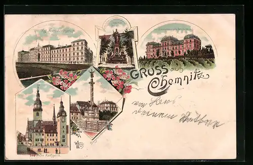 Lithographie Chemnitz, Kgl. Amts- und Landgericht, Saxonia-Brunnen, von Zimmermann`sche Naturheilanstalt, Altes Rathaus