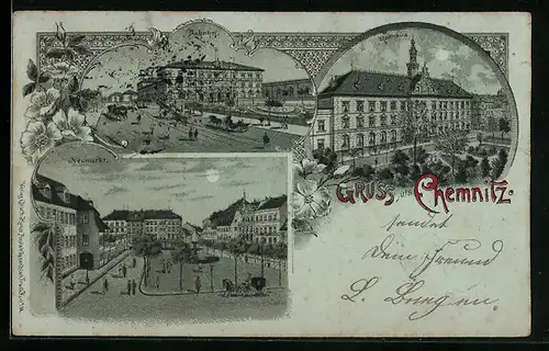 Mondschein-Lithographie Chemnitz, Bahnhof, Rathaus, Neumarkt