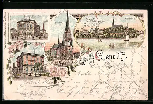 Lithographie Chemnitz, Petrikirche, Schlossteich, Reichsbank