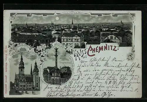 Mondschein-Lithographie Chemnitz, Totalansicht, Siegesdenkmal, Rathaus