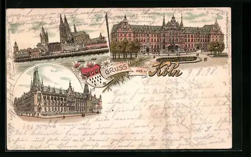 Lithographie Köln, Post, Justizgebäude, Panorama mit Dom