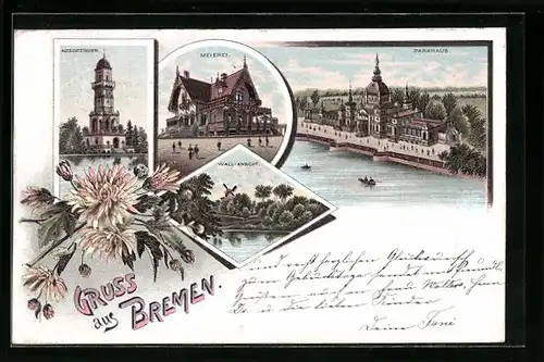 Lithographie Bremen, Aussichtsthurm, Meierei, Gasthaus Parkhaus, Wall-Ansicht