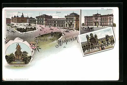 Lithographie Hannover, Bahnhof mit Vorplatz und Anlagen, Tivoli-Garten, Ständehaus