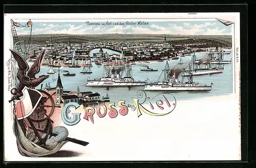 Lithographie Kiel, Panorama der Stadt mit Hafen, Adler auf Wappen