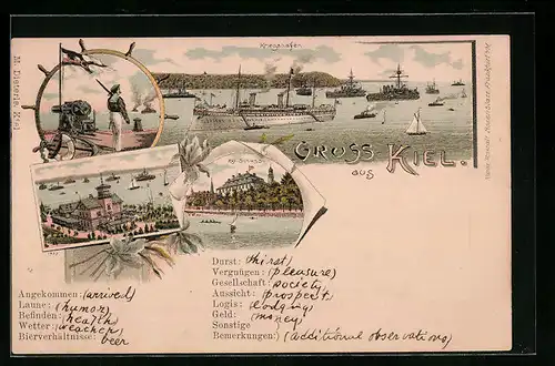 Lithographie Kiel, Kriegshafen, Kgl. Schloss