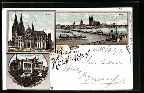 Lithographie Köln, Panorama mit Dampfer, Dom und Richard-Wallraf Museum