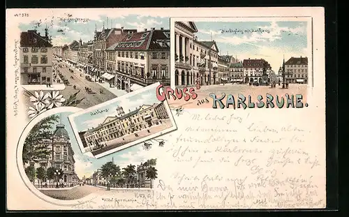 Lithographie Karlsruhe, Kaiserstrasse, Marktplatz mit Rathaus, Hotel Germania